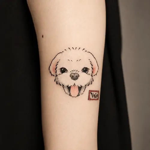 Fine-line Maltese dog pet portrait tattoo by Maiku — WA Tattoo Las Vegas