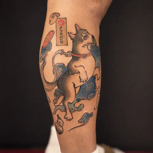 Color anime mecha character leg tattoo by Maiku — WA Tattoo Las Vegas