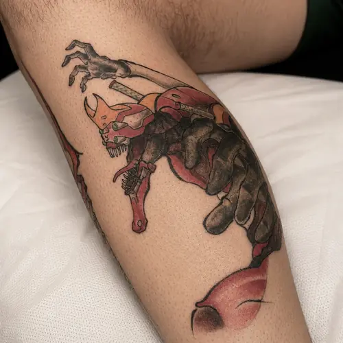 Kitsune masks and sword forearm tattoo by Maiku — WA Tattoo Las Vegas