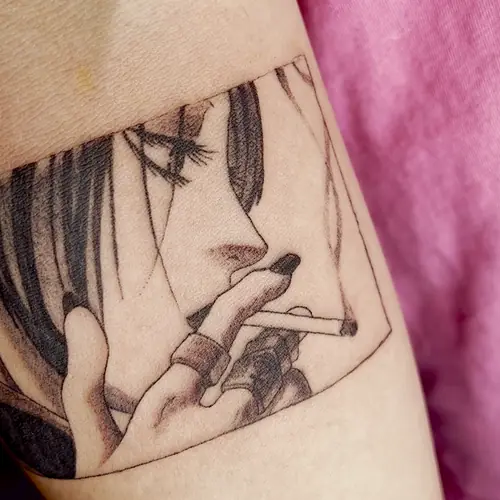 Black and grey manga panel arm tattoo by Maiku — WA Tattoo Las Vegas